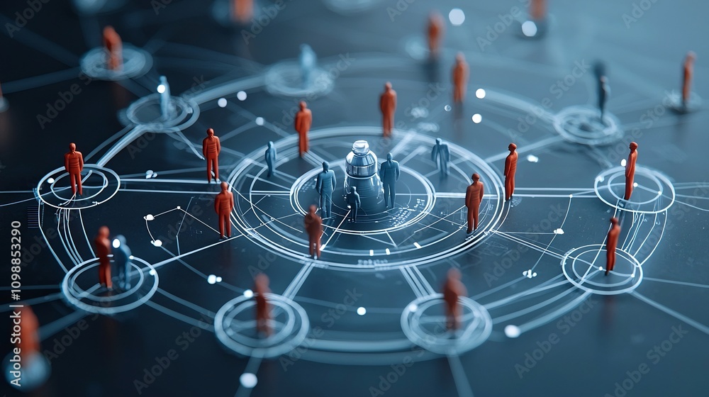 Poster Interconnected 3D figures forming a radiant circular formation on a dark background symbolizing teamwork unity and innovation