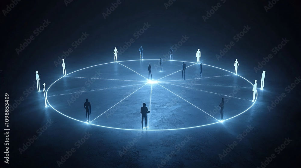 Aufkleber Captivating digital featuring a network of interconnected 3D figures joined by bright dynamic lines in a circular formation against a dark minimalist backdrop symbolizing the power of technology