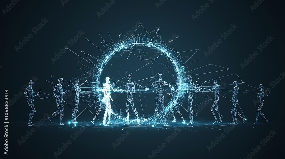 Poster Interconnected 3D figures joined by bright connecting lines forming a circular pattern against a dark minimalist backdrop representing a futuristic digital network or communication system