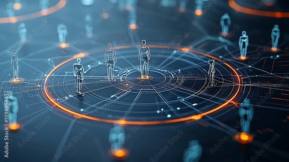 Aufkleber Futuristic rendering of interconnected 3D figures forming a glowing circular network representing digital intelligence and data visualization