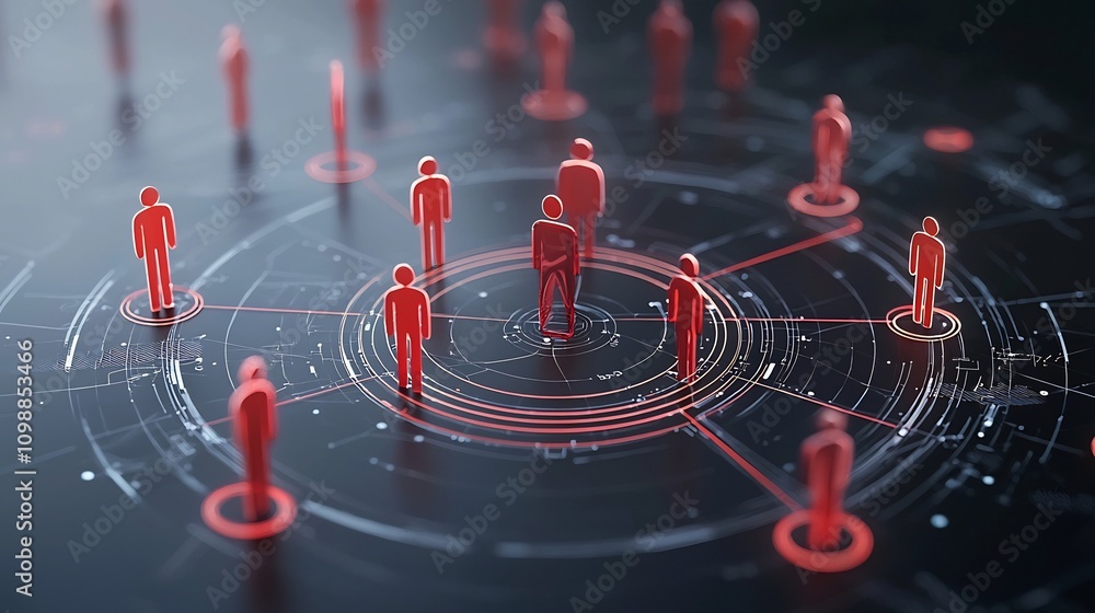 Poster Futuristic digital rendering of a connected network of 3D figures set against a dark background with glowing lines creating a circular technological landscape