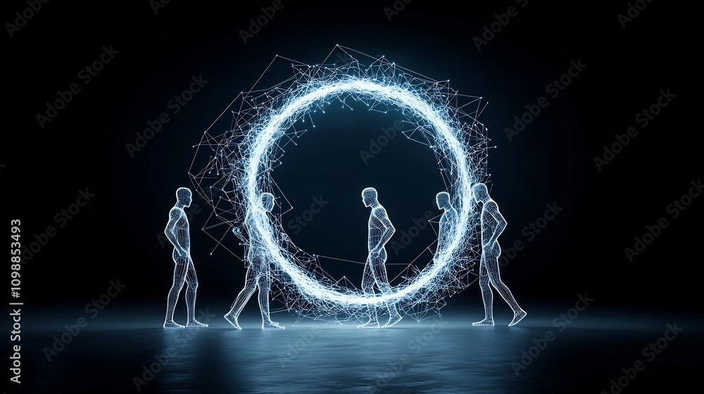 Poster Interconnected 3D human figures with bright luminous lines forming a circular pattern on a minimalist black background representing the concept of technology data and digital connectivity