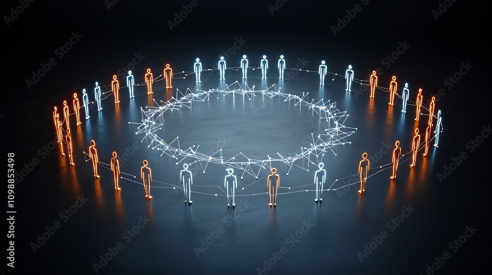 Poster Interconnected 3D human figures with bright luminous lines forming a captivating circular pattern against a minimalist black background symbolizing unity technology and the digital age