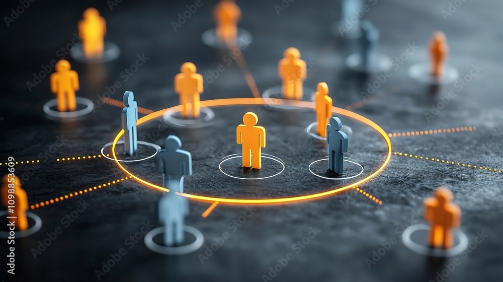 Aufkleber Glowing interconnected 3D figures arranged in a circular pattern linked by vibrant lines over a deep black background symbolizing unity shared goals and technological innovation