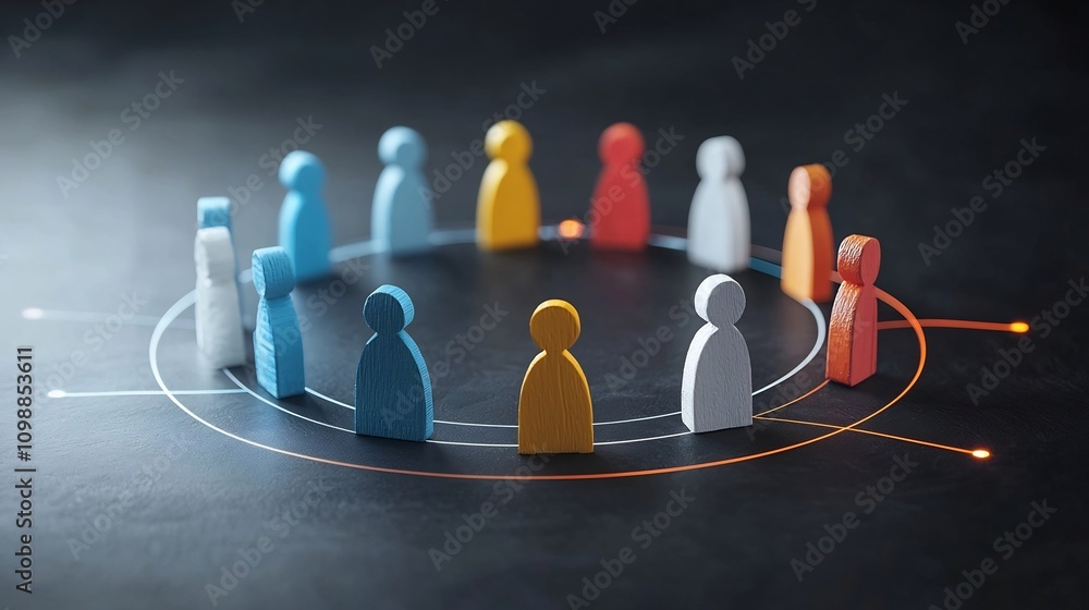 Aufkleber A visually striking digital featuring glowing 3D figures arranged in a circular formation connected by vibrant lines over a deep black background  This image symbolizes the concepts of unity
