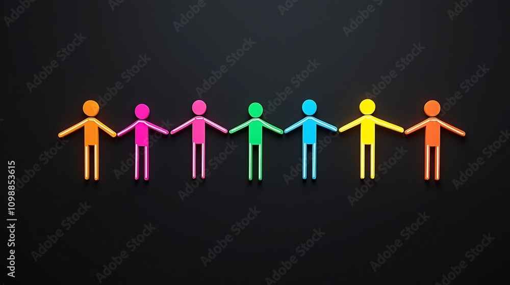 Poster Glowing 3D figures in a circular arrangement linked by vibrant lines over a deep black background symbolizing unity connectivity and shared goals or objectives