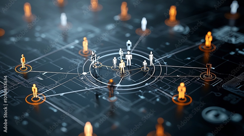 Poster Futuristic depiction of glowing 3D figures linked in a bright circular network on a smooth black background representing the interconnected nature of advanced technology and digital systems