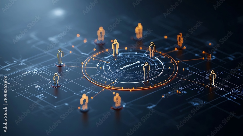 Aufkleber captivating digital artwork showcasing a circular layout of 3d glowing figures connected by radiant 
