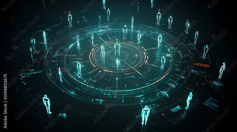 Poster Captivating digital artwork featuring a circular layout of 3D glowing figures connected by radiant luminous lines set against a dark background canvas