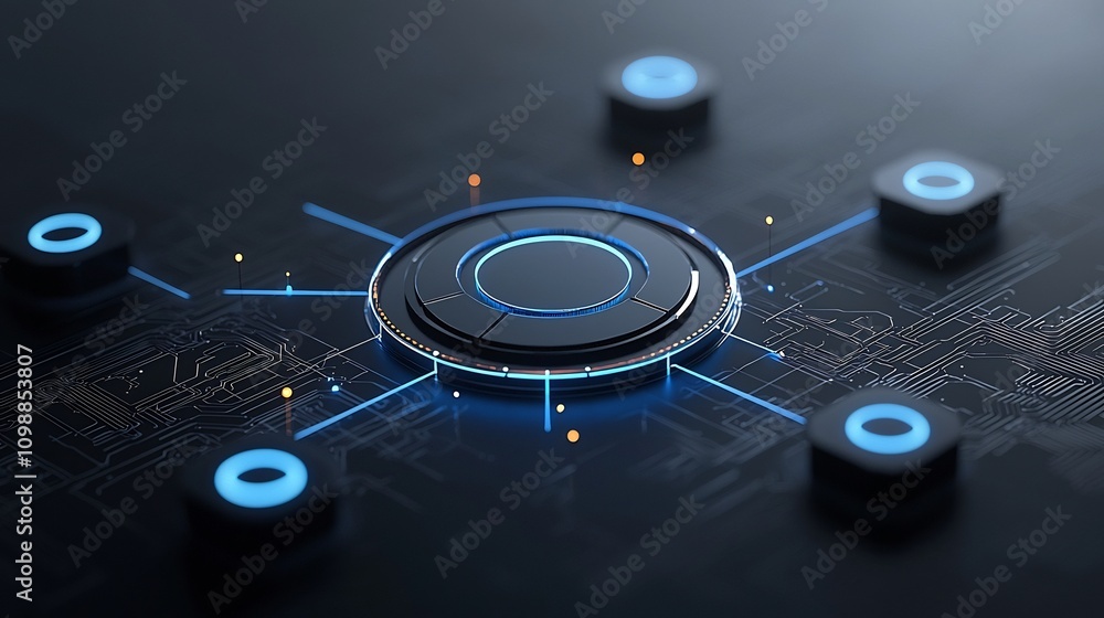 Aufkleber Elegant glowing 3D figures forming a captivating circular structure with illuminated connecting lines on a deep black backdrop creating a visually stunning and futuristic digital artwork