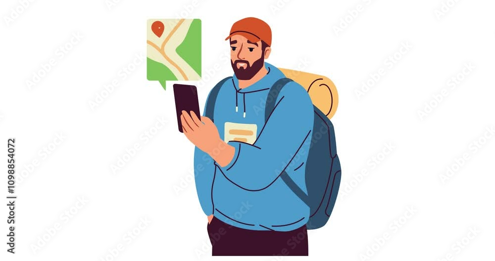 Poster person using phone. moving banner with man with smartphone. young guy check route at mobile phone. m