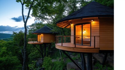 Two modern treehouses perched among lush greenery, illuminated by warm lights, creating a cozy retreat in nature.