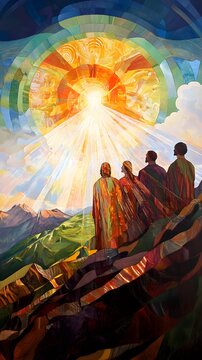 an artistic rendition of the transfiguration of jesus with moses and elijah radiant on a mountain