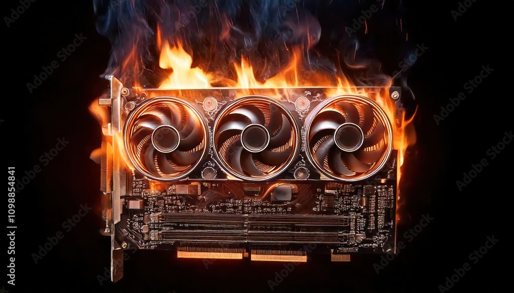 Poster fire splashes. dramatic scene of computer components graphics card undergoing intense overclock