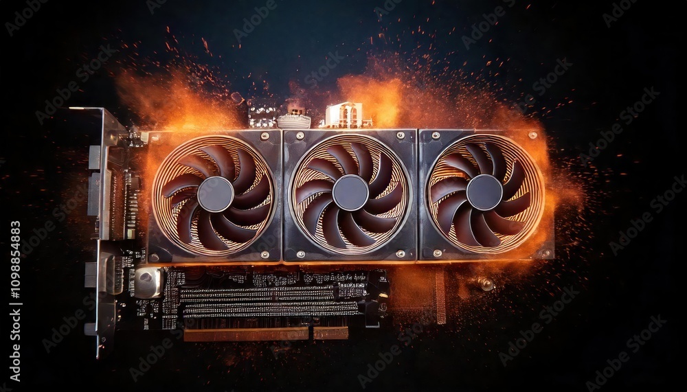 Poster fire splashes. dramatic scene of computer components graphics card undergoing intense overclock