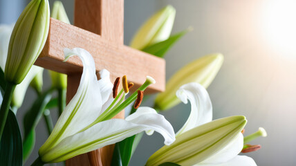 Obraz premium A serene arrangement of white lilies beside a wooden cross, symbolizing faith and purity, illuminated by soft sunlight.