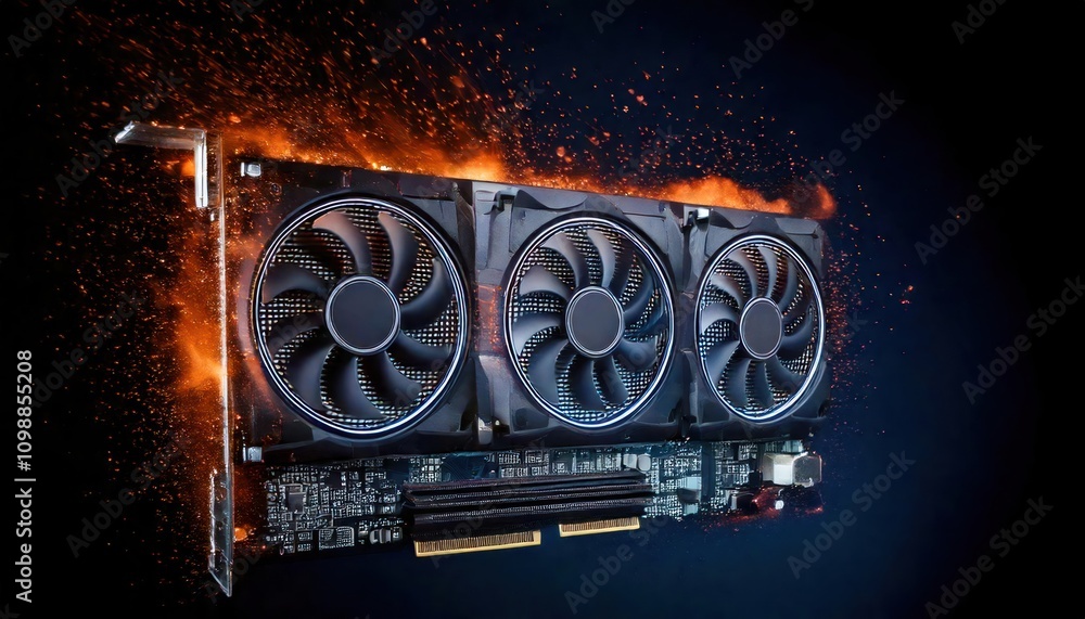 Poster fire splashes. dramatic scene of computer components graphics card undergoing intense overclock