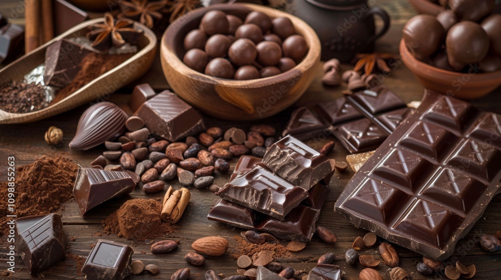 Aufkleber assorted chocolates and cocoa ingredients on rustic table