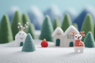 Paisagem de natal em miniatura com Papai Noel, renas e pinheiros cobertos de neve, estilo lúdico e colorido, criado por IA generativa.