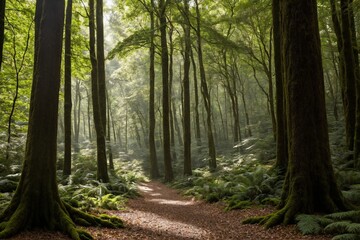 The trees stretch high into the sky, their thick trunks and branches creating a sense of grandeur. The air is fresh and crisp, and the peaceful atmosphere is undisturbed, with only the occasional rust