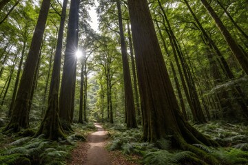 Obraz premium The trees stretch high into the sky, their thick trunks and branches creating a sense of grandeur. The air is fresh and crisp, and the peaceful atmosphere is undisturbed, with only the occasional rust