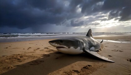 Great white shark underwater shark's mouth is open with small colors fish around 