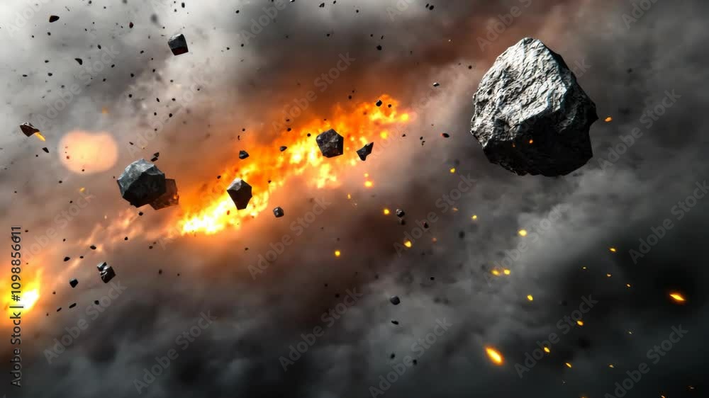 Poster explosive asteroid field colliding with a fiery background in deep space