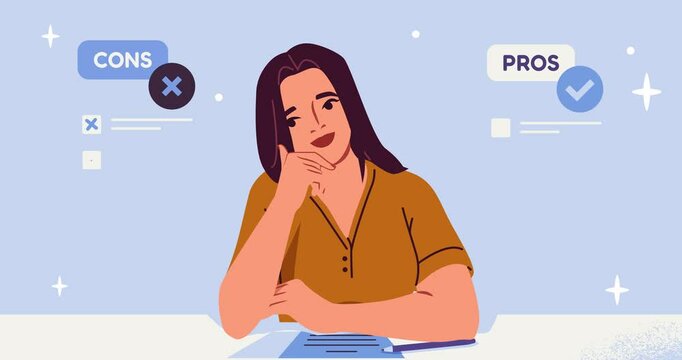 Person with pros and cons. Moving banner with woman with doubt. Young girl makes decision and solution. Analysis and comparison. Logic and intelligence. Cartoon flat animated graphics