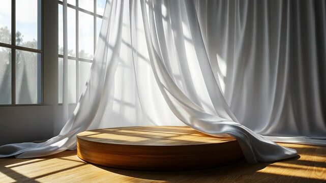 Sheer white curtains billow gently near a large window, casting soft shadows on a round wooden platform