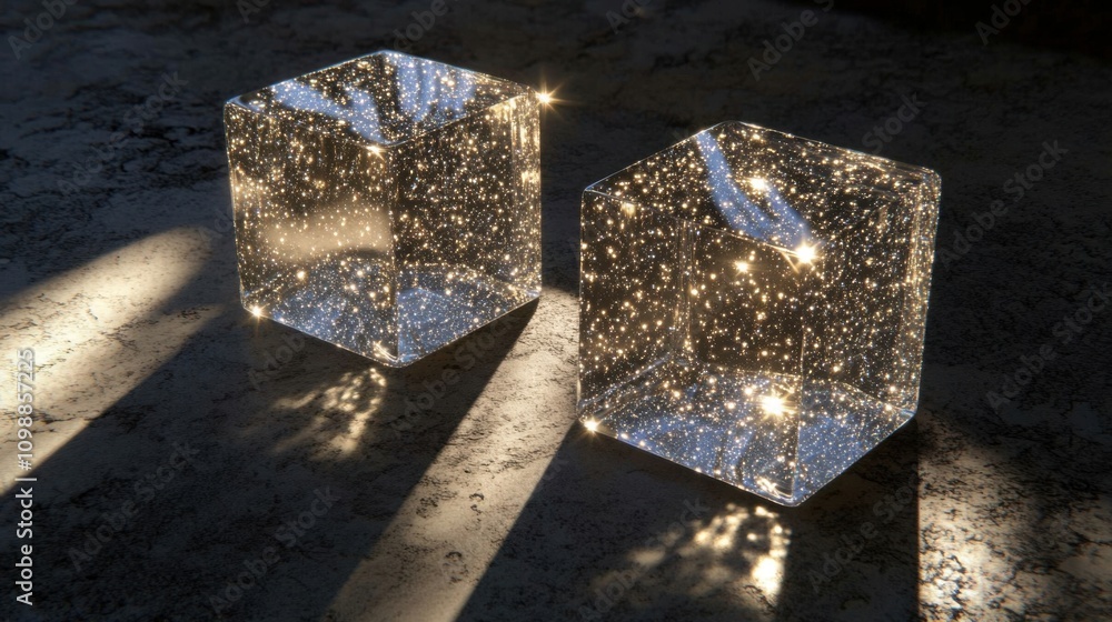 Poster sparkling cubes reflecting light against a textured surface, creating a stunning visual of shadows a
