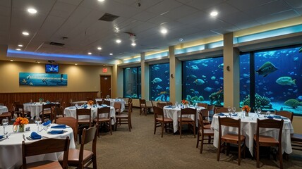 Underwater-themed dining room with round tables, white linens, and large aquarium windows showcasing diverse fish species.