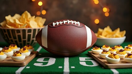 American football with snacks and deviled eggs on field-themed table setting