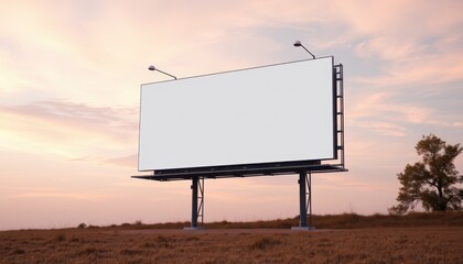 Obraz premium A blank billboard stands in an open field under a colorful sky, offering a canvas for advertisements or messages.