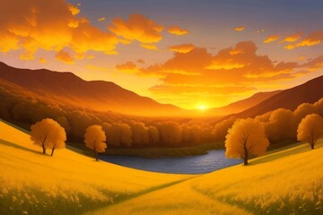 Fototapeta premium Beautiful and Peaceful Nature Scenery Illustration Landscape Countryside Tranquil Vibrant and Colorful
