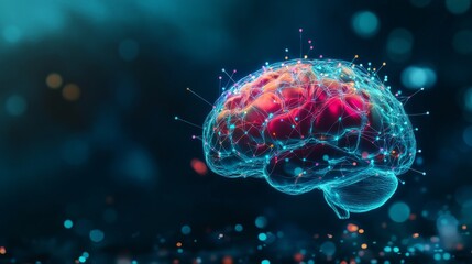 Fototapeta premium A conceptual image of a human brain with colorful neural connections, against a dark background, Artistic style