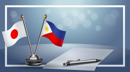 Japan and Philippines Small national flag on bokeh background, cooperative relationship