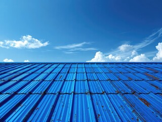Metal roof silhouette against a vibrant blue sky.