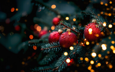 Red ornaments hang on a Christmas tree surrounded by twinkling lights in a cozy holiday setting