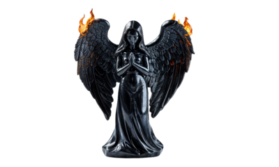 Ai generated dark angel statue praying with flames on its wings, isolated on transparent background 