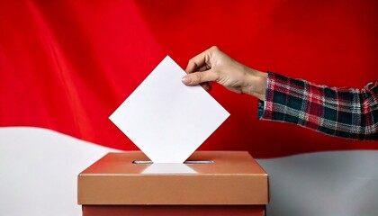 Obraz premium generative AI. Election box. hand puts white paper into the box with red and white background