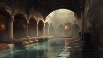 Fototapeta premium Malownicze pozostałości rzymskich budowli z wodnymi elementami, takimi jak baseny podkreślające znaczenie wody w rzymskiej architekturze i kulturze.
