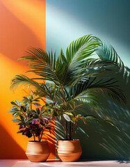 Fototapeta premium Two terracotta pots with tropical plants are arranged against a split-colored wall of orange and teal, with dramatic sunlight creating striking shadows and contrast.