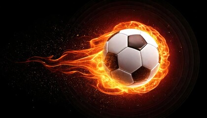 Naklejka premium Soccer ball engulfed in fiery flames against a dark background dynamic action shot