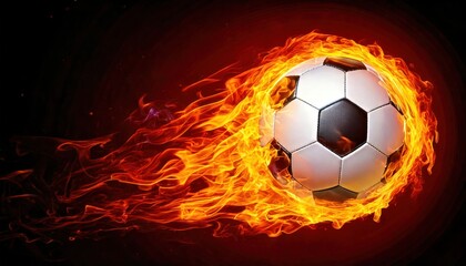 Naklejka premium Soccer ball engulfed in fiery flames against a dark background dynamic action shot