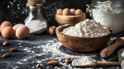 Fototapeta premium Baking ingredients with flour and eggs on rustic table