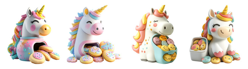 Obraz premium Colorful Unicorns with Cookies on Transparent Background