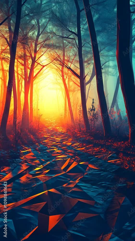 Aufkleber Vibrant forest path illuminated by golden light at dawn creating a mystical atmosphere with colorful foliage