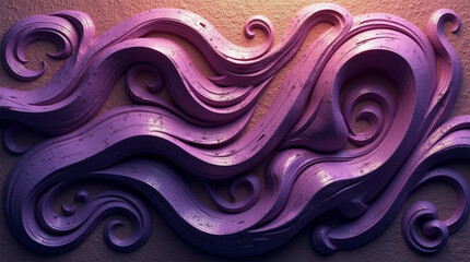 Obraz premium abstract A striking 3D painted artwork on wall with sculptural curves and intricate swirls, set against a grunge-style, purple floral Swirls texture background