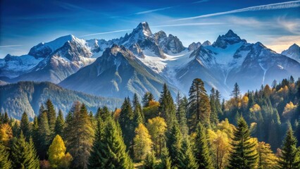 Obraz premium Majestic mountain range with serene trees and distant peaks under a clear blue sky, mountains, peaks, trees, nature