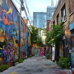 Fototapeta premium urban graffiti alley with colorful murals street art and spray cans